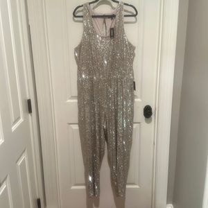 NWT Silver Sequined Jumpsuit with Elastic Waistband Sz XL